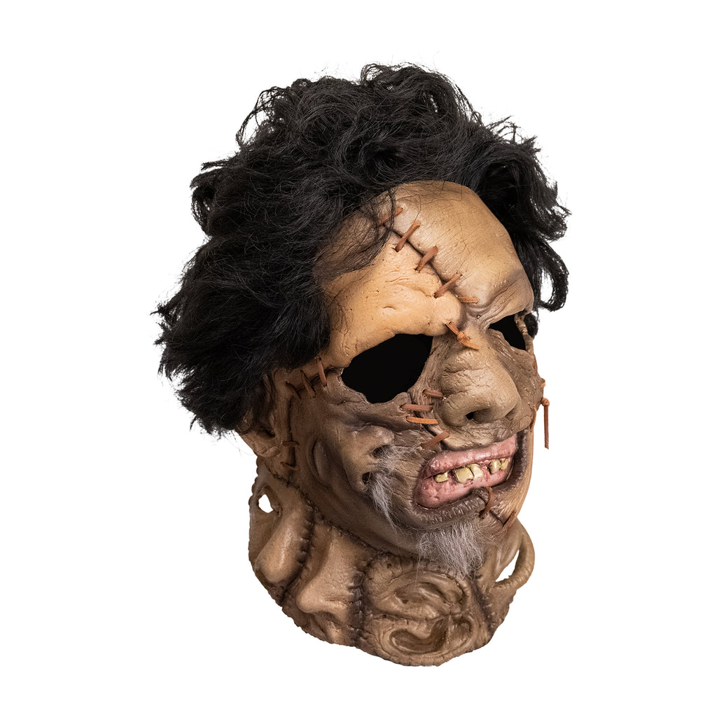 Leatherface latex mask with hair and leather stitches, side view