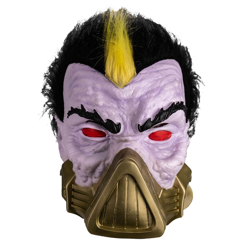 Mask, front view. Short black hair, yellow stripe in the center front. Pale purple bumpy flesh. Black bushy eyebrows, red eyes. gold mask, triangular over nose and mouth, horizontal bands around lower jaw. Pointed ears.