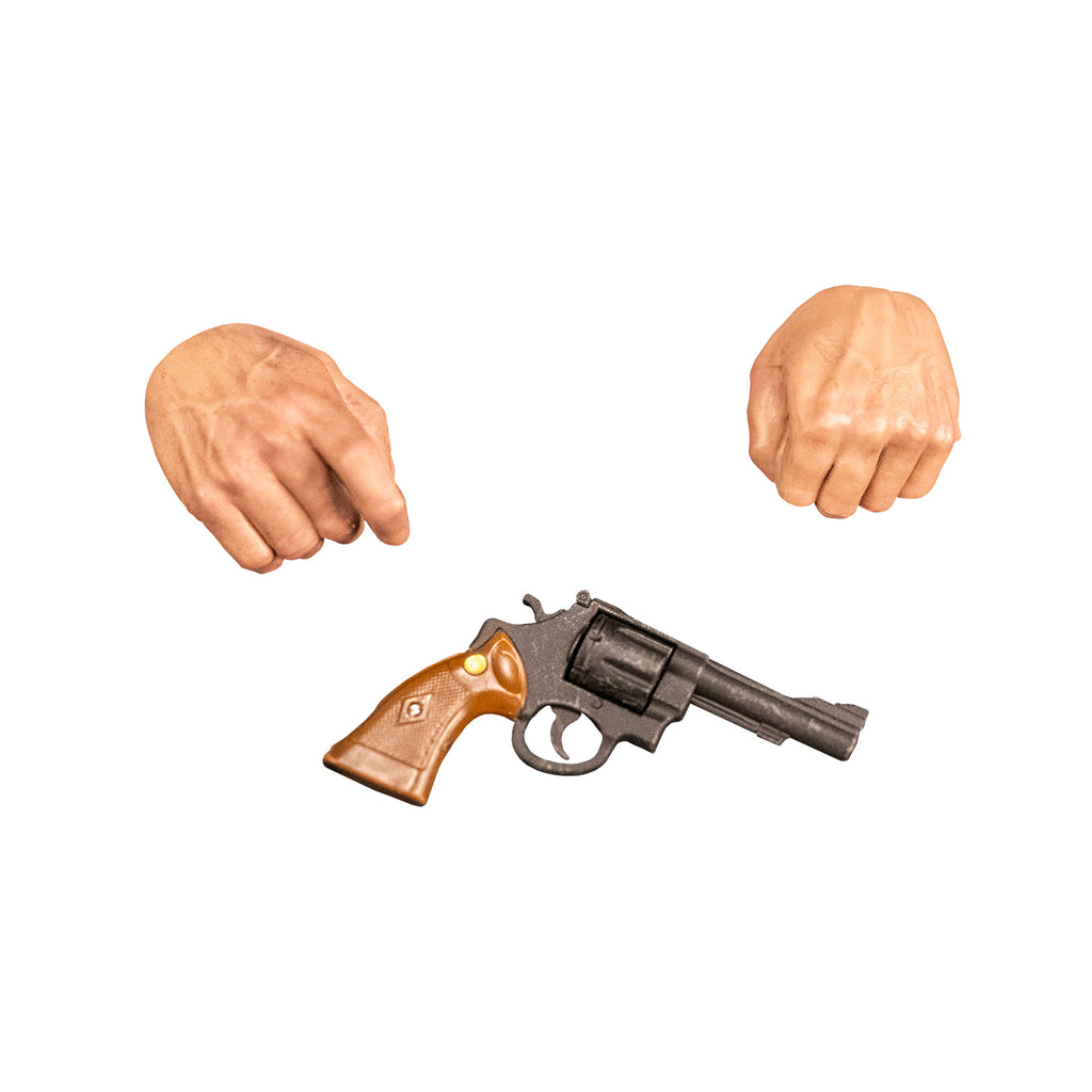accessories.  Right hand with trigger finger.  left hand closed fist.  black pistol with brown grip.