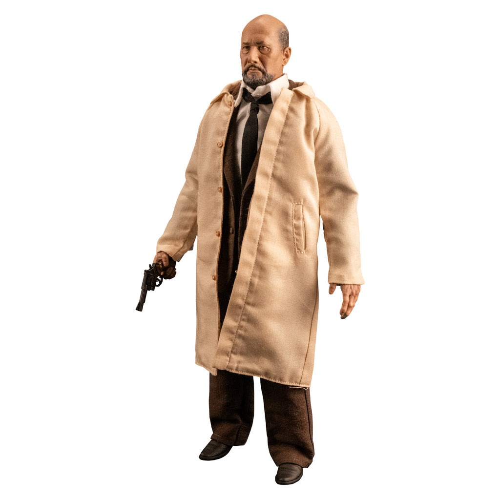White background. Slight left full view of Dr. Loomis figure. Bald man with beard and mustache. white shirt, black tie, brown suit coat and pants, tan trench coat, black shoes. Holding black pistol in right hand pointed towards the ground.