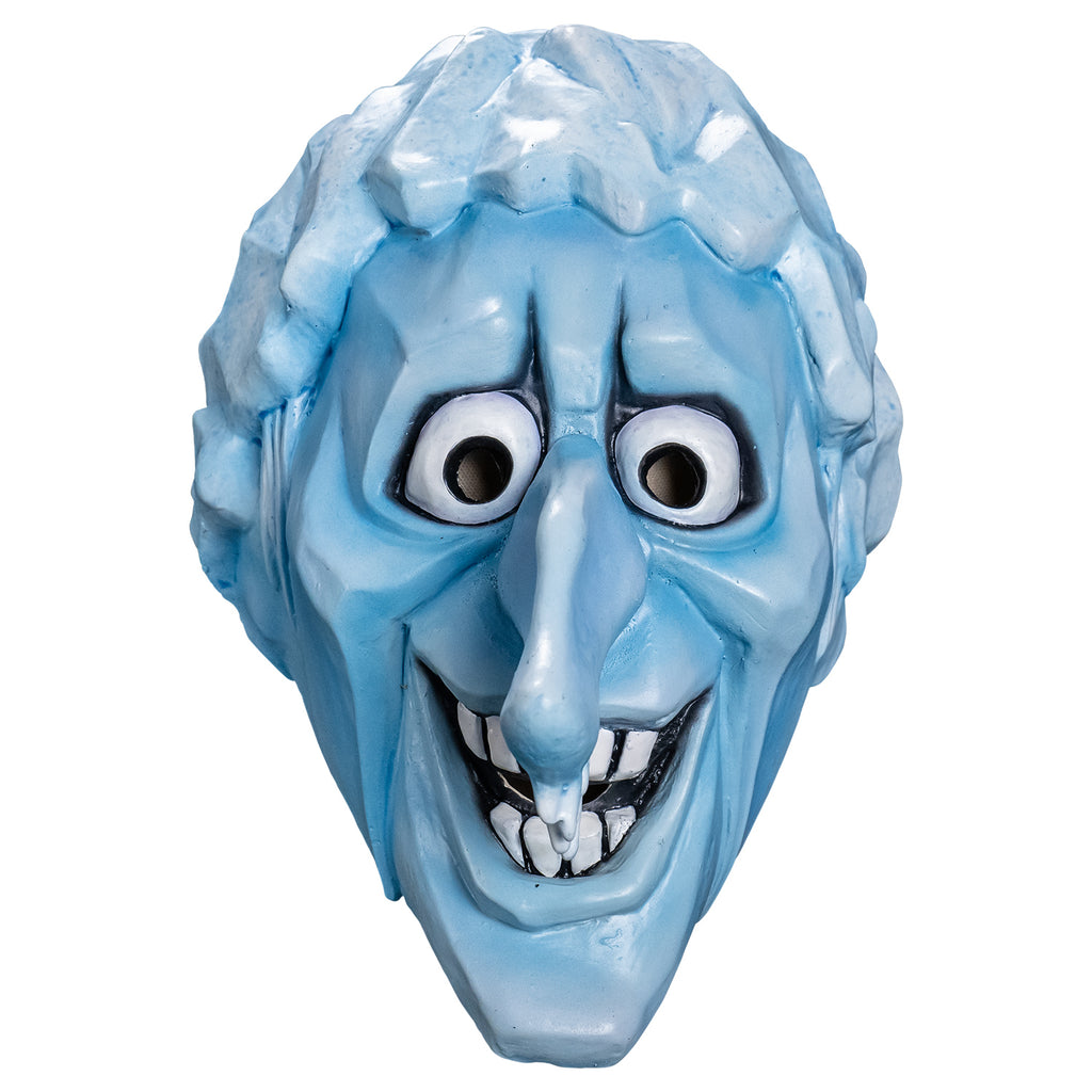 Mask, front view. Cartoonish head, pale blue angular ice-like hair, skin is light blue, furrowed brow, no eyebrows, large cartoon eyes, very long prominent nose with icicles hanging from the tip, angular forehead cheeks and chin. open, smiling mouth showing large square white teeth.
