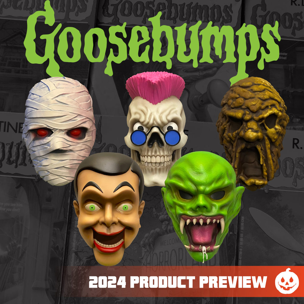Black and white background. Green text at top reads Goosebumps. 5 character Masks, Mummy, Skeleton with pink mohawk and blue round sunglasses, Mud monster, Slappy dummy and the green Haunted mask Orange horizontal banner at bottom, white text reads 2024 product review, white jack o' lantern