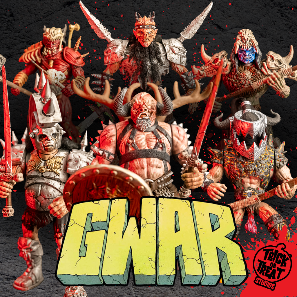 6 GWAR action figure creatures on stone-look background. wearing armor with weapons.  Yellow text at bottom reads GWAR black trick or treat studios logo at bottom right on red  background