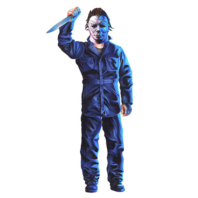 Michael Myers posable wall decor, blue coveralls holding knife in right hand.