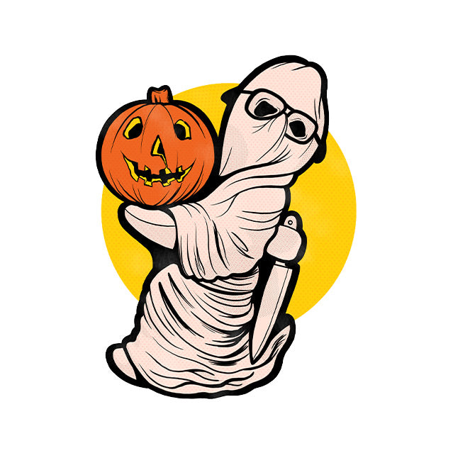 Static wall decor. Yellow circle background, sheet ghost wearing glasses holding orange jac o' lantern in left hand, knife in right hand behind back.