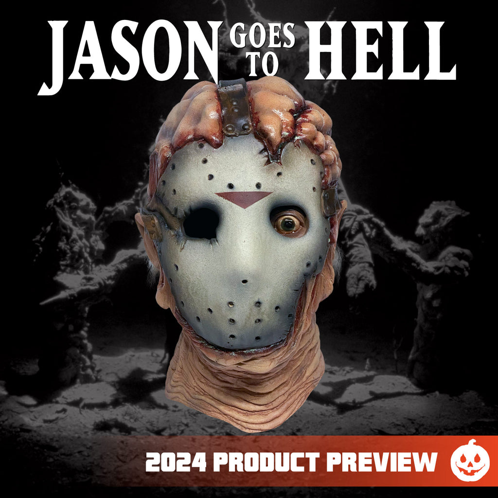 Black and white scene background.  Mask lumpy and damaged flesh on top of head, tattered, dirty hockey mask on face, brown strap at top of head from forehead going back.  Right empty eye socket, left eye open, wrinkled and sagging flesh around chin and neck.  White text at top reads Jason goes to Hell.  Orange horizontal banner at bottom,  white text reads 2024 product preview, white jack o' lantern.