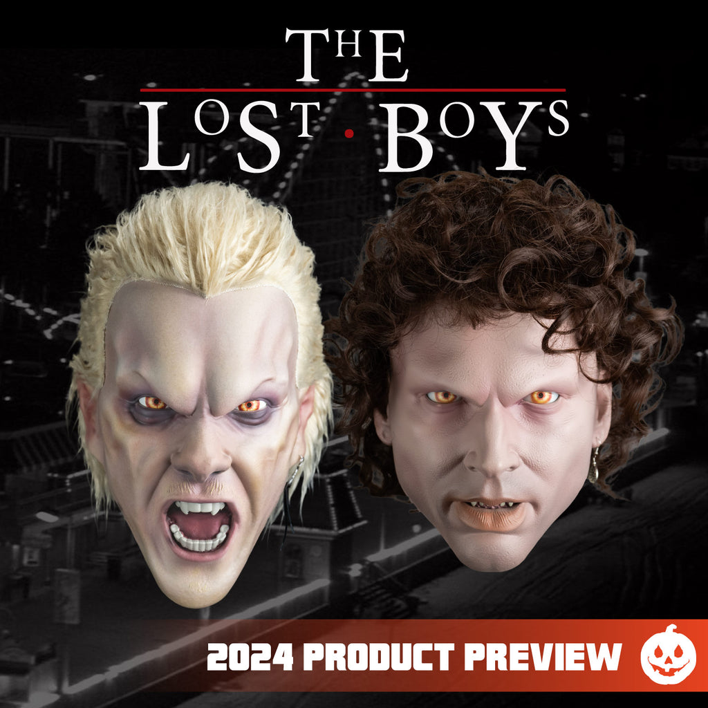 2 Lost boys plastic masks. black and white carnival background.  Blond vampire on left, yellow eyes, open snarling mouth.  Vampire on left, brown curly hair, yellow eyes, mouth slightly open.  White text reads the lost boys. Orange horizontal banner at bottom, white text reads 2024 product preview, white jack o' lantern face.