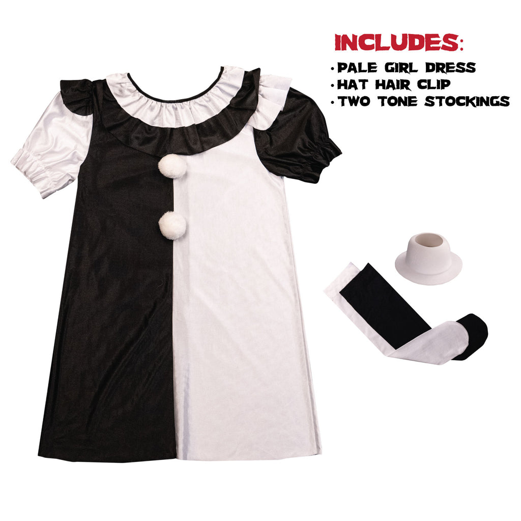Black and shiny white dress, knee-length, short sleeves, white hat hair clip, one black sock, one white sock.  Red text reads Includes, black text reads pale girl dress, hat hair clip, two tone stockings.