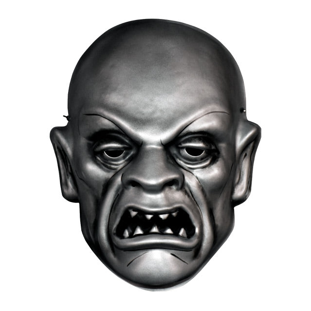 Vacuform plastic mask. Silver, bald man, grimacing mouth with sharp teeth.
