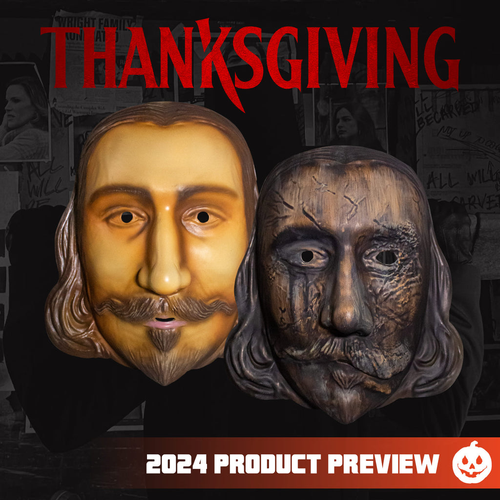 Black and white background. Red text at top reads Thanksgiving. two John Carver character Masks, face, Left mask tan skin long brown hair, moustache and beard, right mask burnt and distressed version. Orange horizontal banner at bottom, white text reads 2024 product review, white jack o' lantern