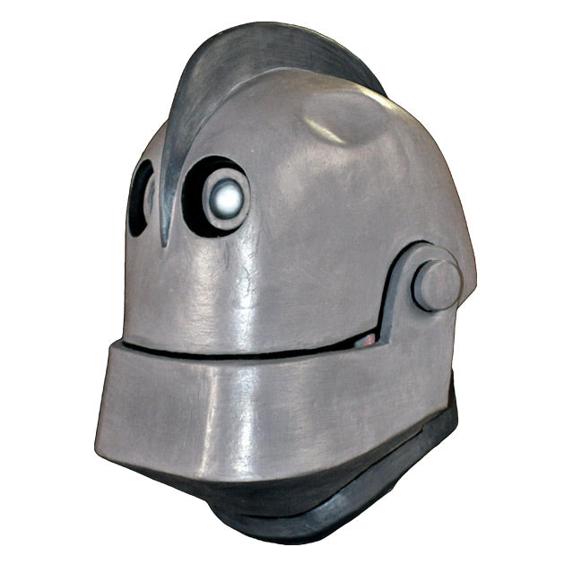 Mask, head and neck, left side view. Silver robot head, fin in center of head running to middle of face, large eyes, hinged jaw, smiling mouth. Dent on left side of head.