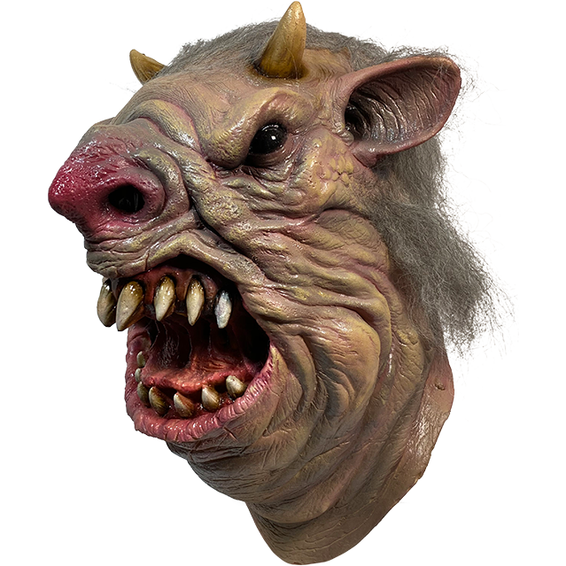 Mask, front left view. Mutant rat face, wrinkled flesh, shiny black eyes, 2 small horns on head, large red nose. Wide open mouth with long, sharp gapped teeth and large tongue.