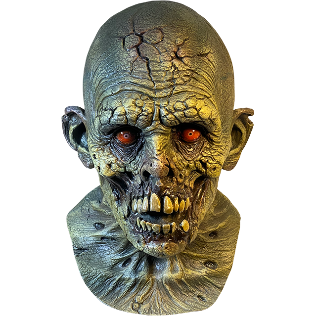 Mask, head and neck, front view. Bald head, dry cracked skin, red-orange eyes, missing lips showing large, yellowed teeth.  