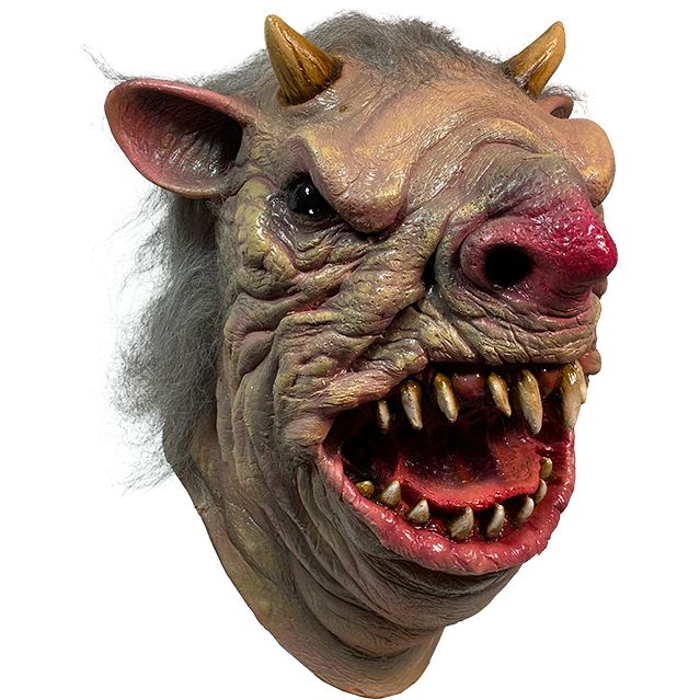 Mask, right side view.  Mutant rat face, wrinkled flesh, shiny black eyes, 2 small horns on head, large red nose.  Wide open mouth with long, sharp gapped teeth and large tongue.