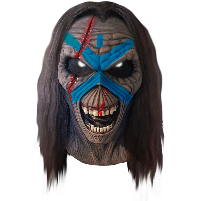 Mask, head and neck.  Iron Maiden Eddie, long brown hair, large black shiny eyes, bloody gash across forehead and right eye, wide open mouth showing teeth, blue face paint in x between eyes on forehead and cheeks.