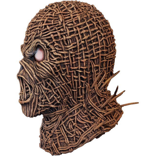Mask, head and neck, left side view. Iron Maiden Eddie, wicker face, large white eyes.