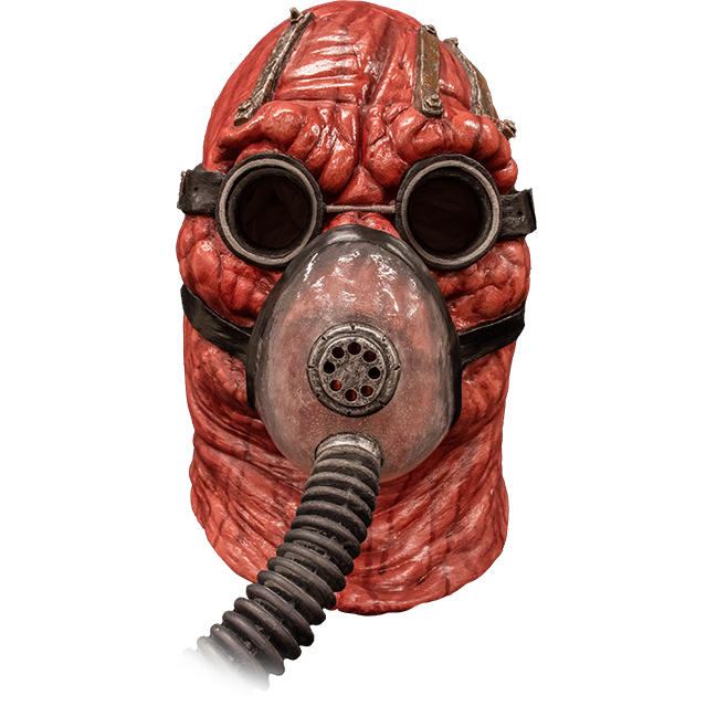 Mask front view. Lumpy red head and neck, wearing goggles and oxygen mask with black hose.