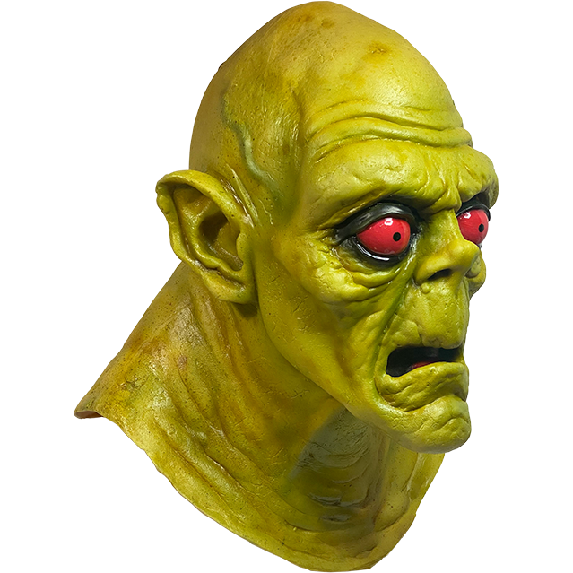 Mask, head and neck, right side view. Bald, green cartoon zombie face, black-rimmed, bulging, red eyes. Mouth slightly open.
