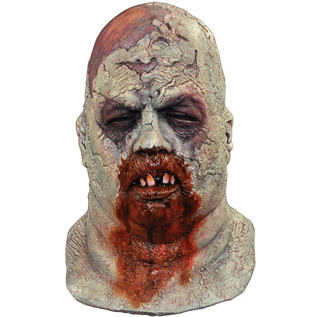 Mask front view. Zombie, head and neck. Bald head, rotten skin, eyes closed, gory mouth missing teeth, blood from mouth running down chest. 