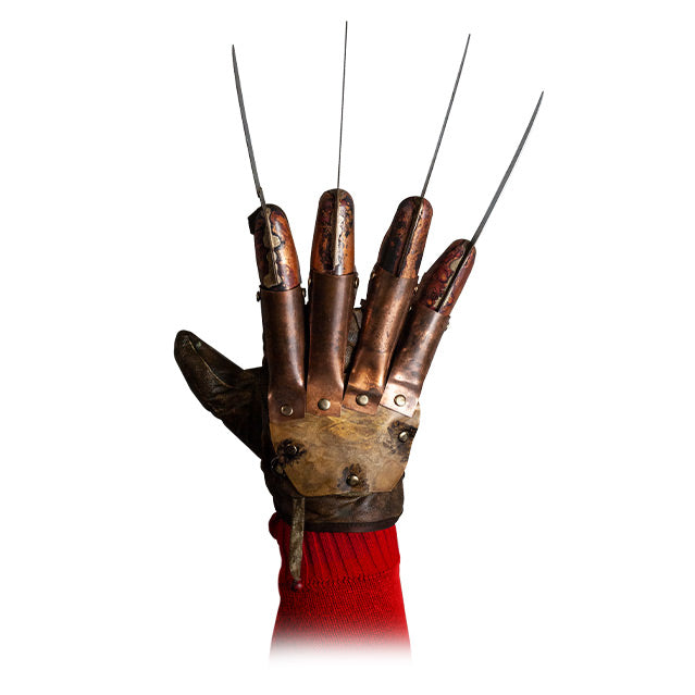 hand wearing brown leather glove, with stainless steel blades on fingers, attached with copper plates and rivets.