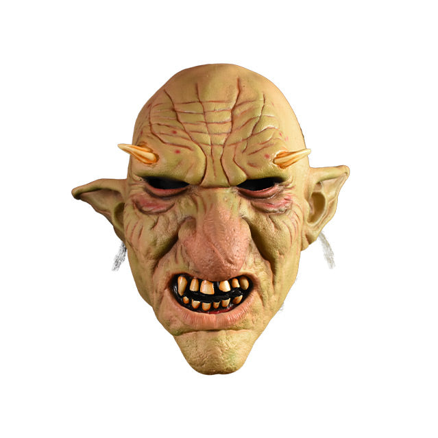 Evil Gnome mask.  Bald head wrinkled skin on forehead and around eyes.  Bags under eyes.  Pointy low set ears with white hair on them.  Large bulbous nose.  open mouth with dirty crooked teeth.  Pointy chin.