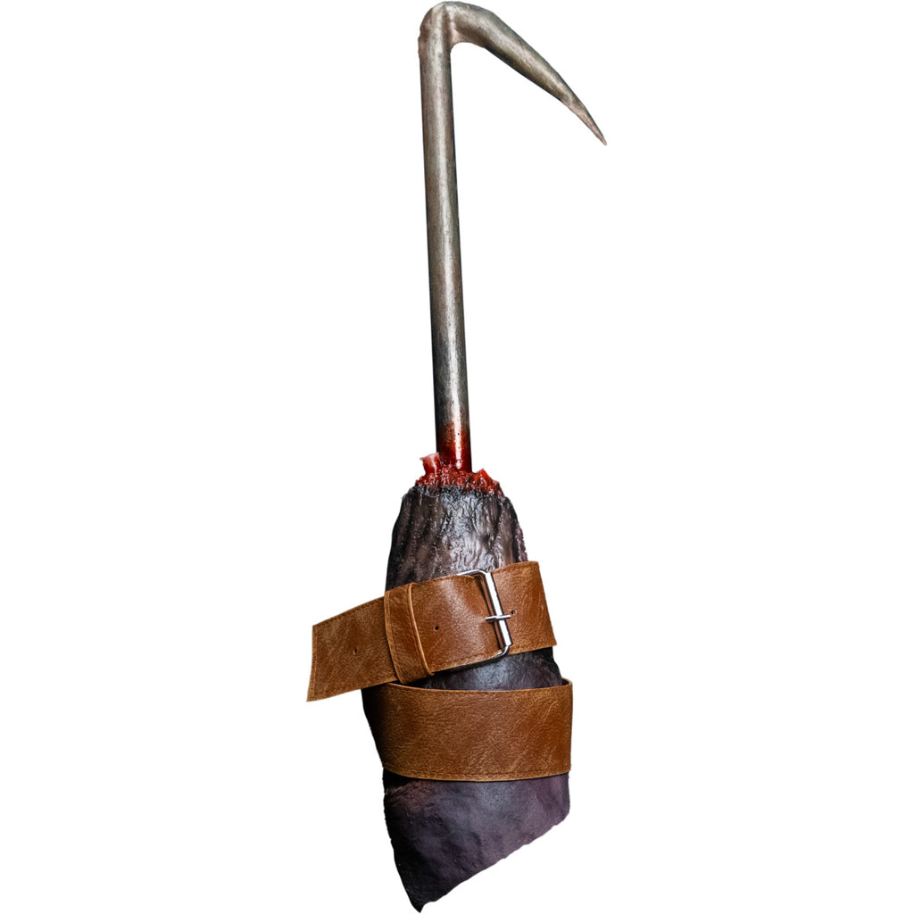 Prosthetic hook prop.  Silver hook in a gory stump with a brown tourniquet belt.