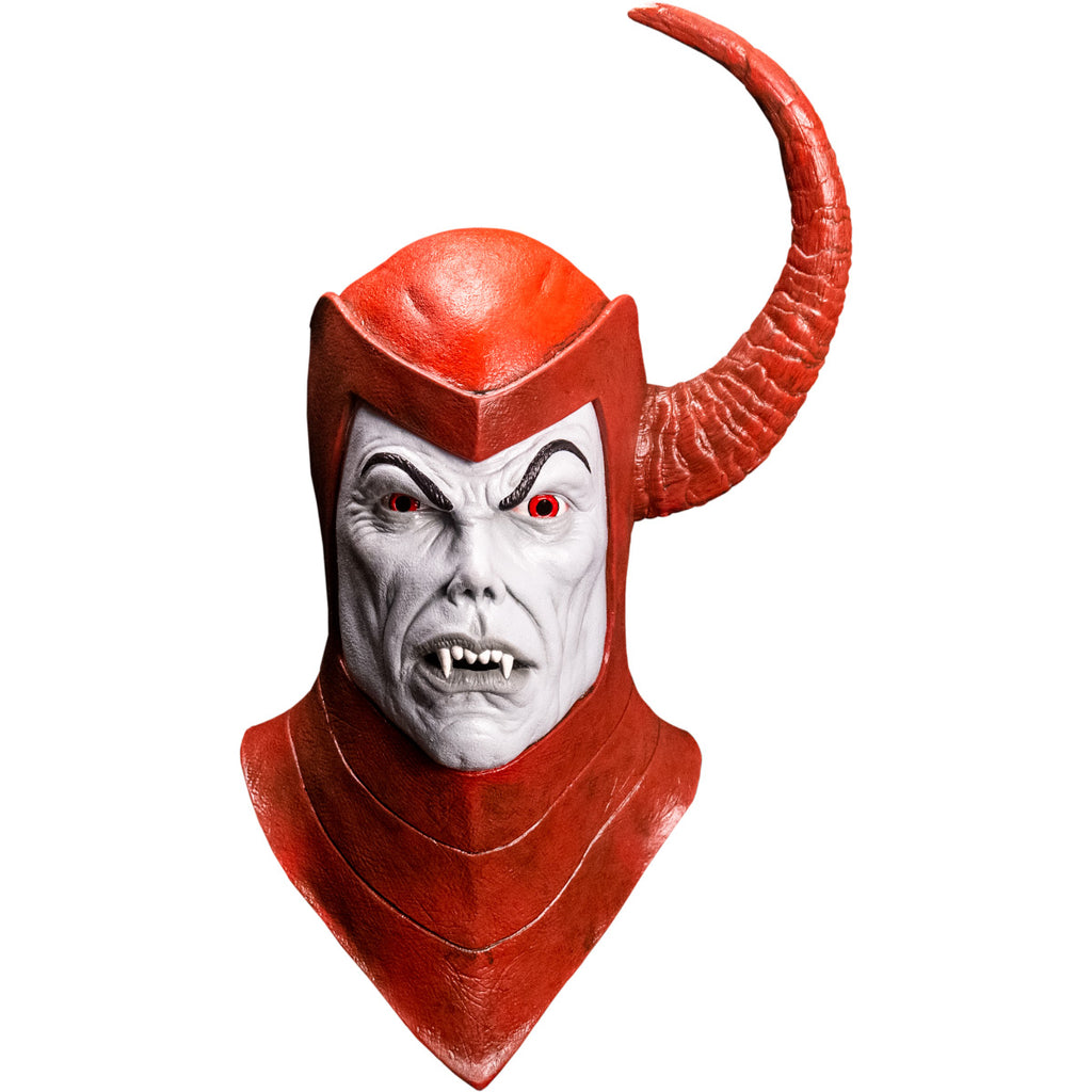 Mask, front view, head and neck.  Red Helmet and cowl, large red horn protruding from left side of head.  Light gray face with black eyebrows, red eyes, small nose, mouth with fangs, gray lips.
