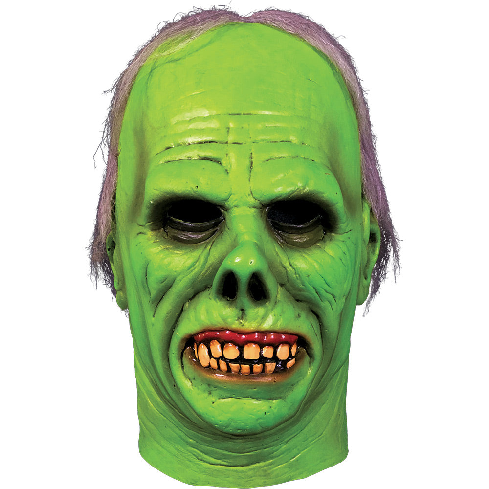 Phantom of the opera mask.  Gray hair, bright green wrinkled skin on face and neck, snub nose, prominent red gums and large yellowed teeth.