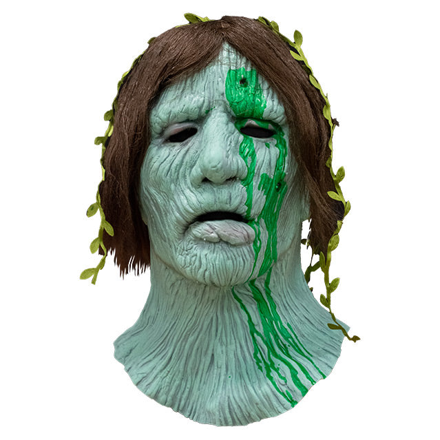 Front view, Creepshow Harry Mask, Zagone Edition. Head and neck of man. Red brown straight hair, with seaweed in it, green wrinkled mossy skin, eyes appear closed. hole in forehead and left cheek oozing dried green fluid.