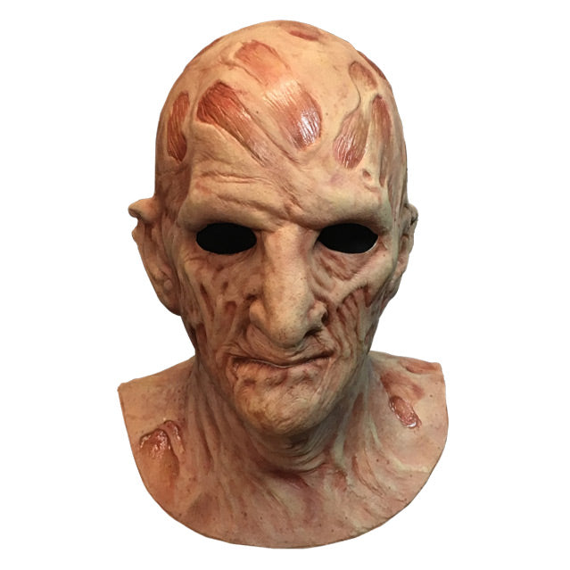 Front view, Freddy Krueger mask, head and neck, burnt skin, wrinkled with scars.