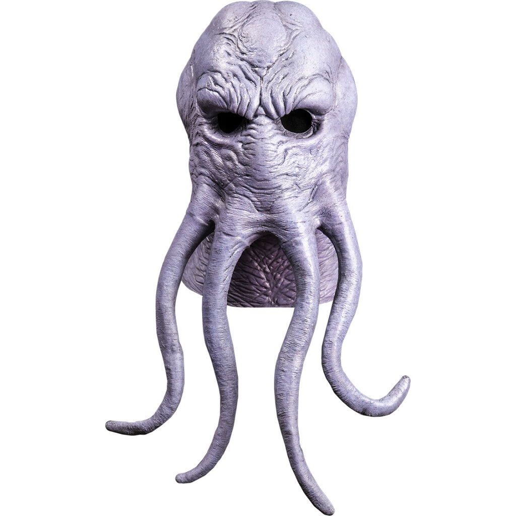 Mask, front view, head and neck.  Lumpy octopus-like head, wrinkled gray flesh.  Four long tentacles extending from middle of face.