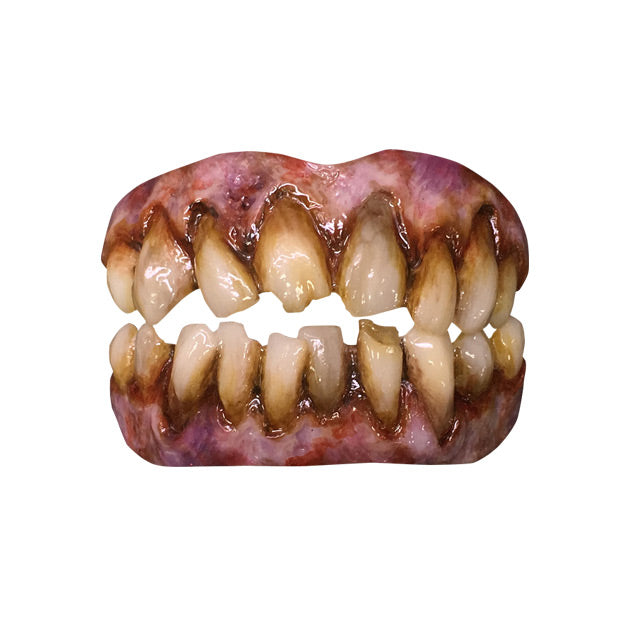 Costume teeth. Misaligned, broken teeth. Set in pink, brown and red gums