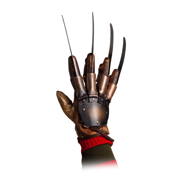 hand wearing brown leather glove, with stainless steel blades on fingers, attached with copper plates and rivets.