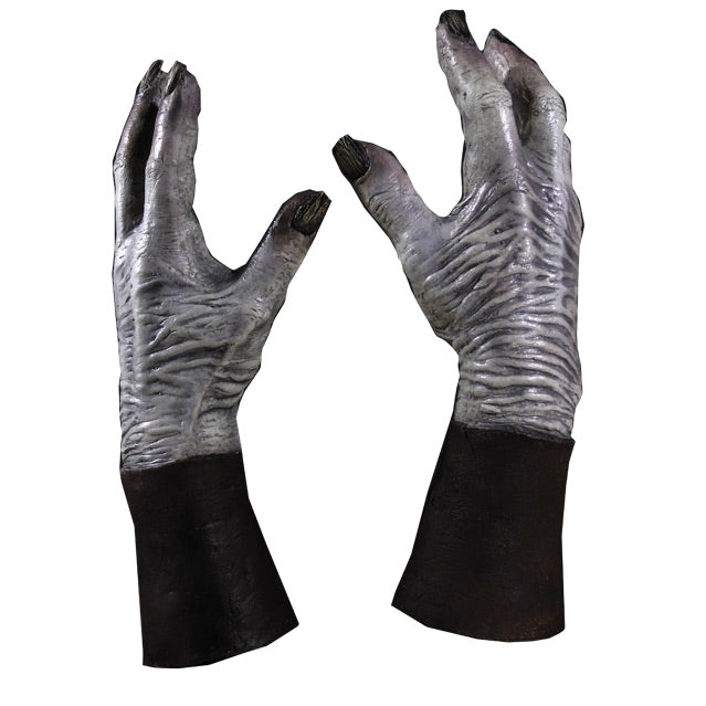 White walker hands, back of hands, wrinkled grey skin, black fingernails, black forearms below wrists.