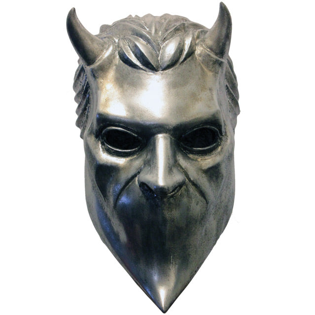 Front view. Chrome colored resin mask. male face, 2 horns on forehead. Blank spot where mouth would be.