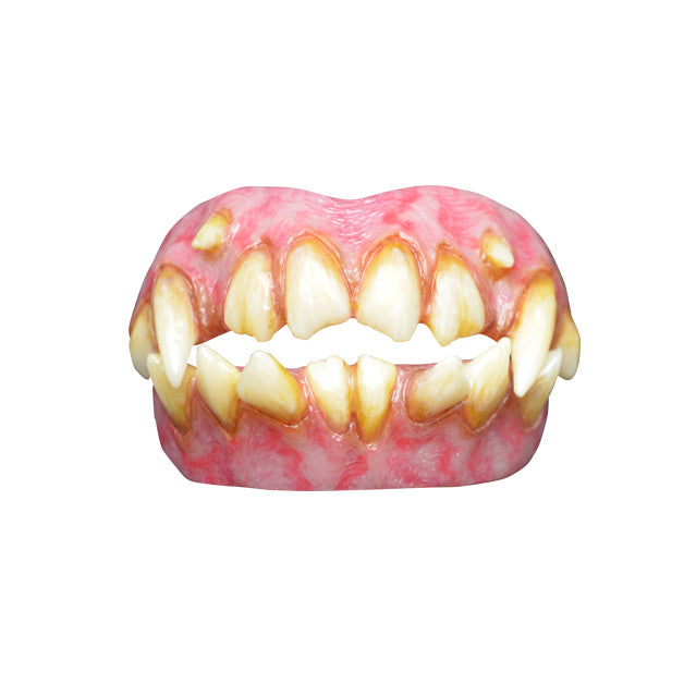 Costume teeth. Misaligned, crooked teeth and fangs in pink and red gums