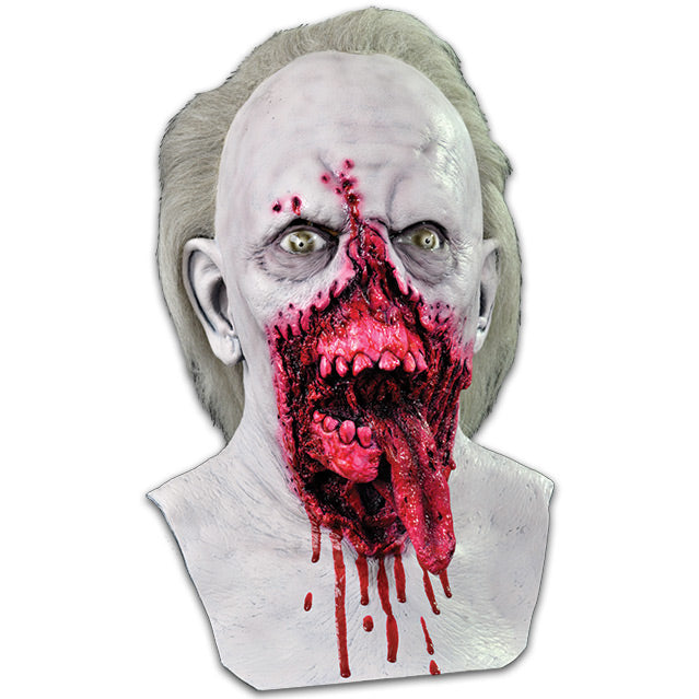 Dr. Tongue mask, head, neck and upper chest.  Pale gray zombie, gray hair, green eyes.  Face is gory, ripped open flesh from below eyes to chin, exposingbloody upper and lower jaw, tongue hanging out.