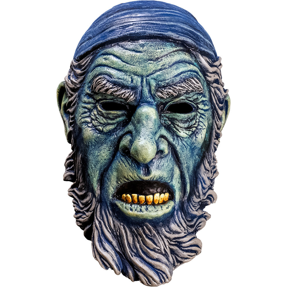 Mask front view.  Old man face, blue wrinkled skin, Blue bandana on head. Gray hair, eyebrows, sideburns and beard.  Mouth open showing yellowed bottom teeth.
