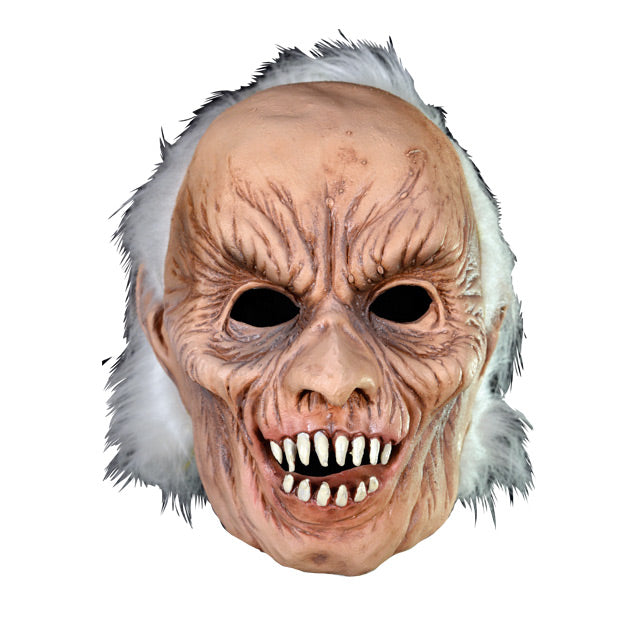 Mask. Balding man with white hair, facial wrinkles around forehead, eyes and mouth.  Large, sharp white teeth in slightly open mouth.