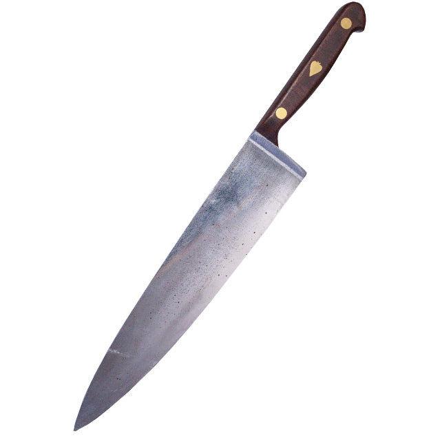 Butcher knife prop.  Brown handle with gold rivets and gold spade.  Large silver blade.