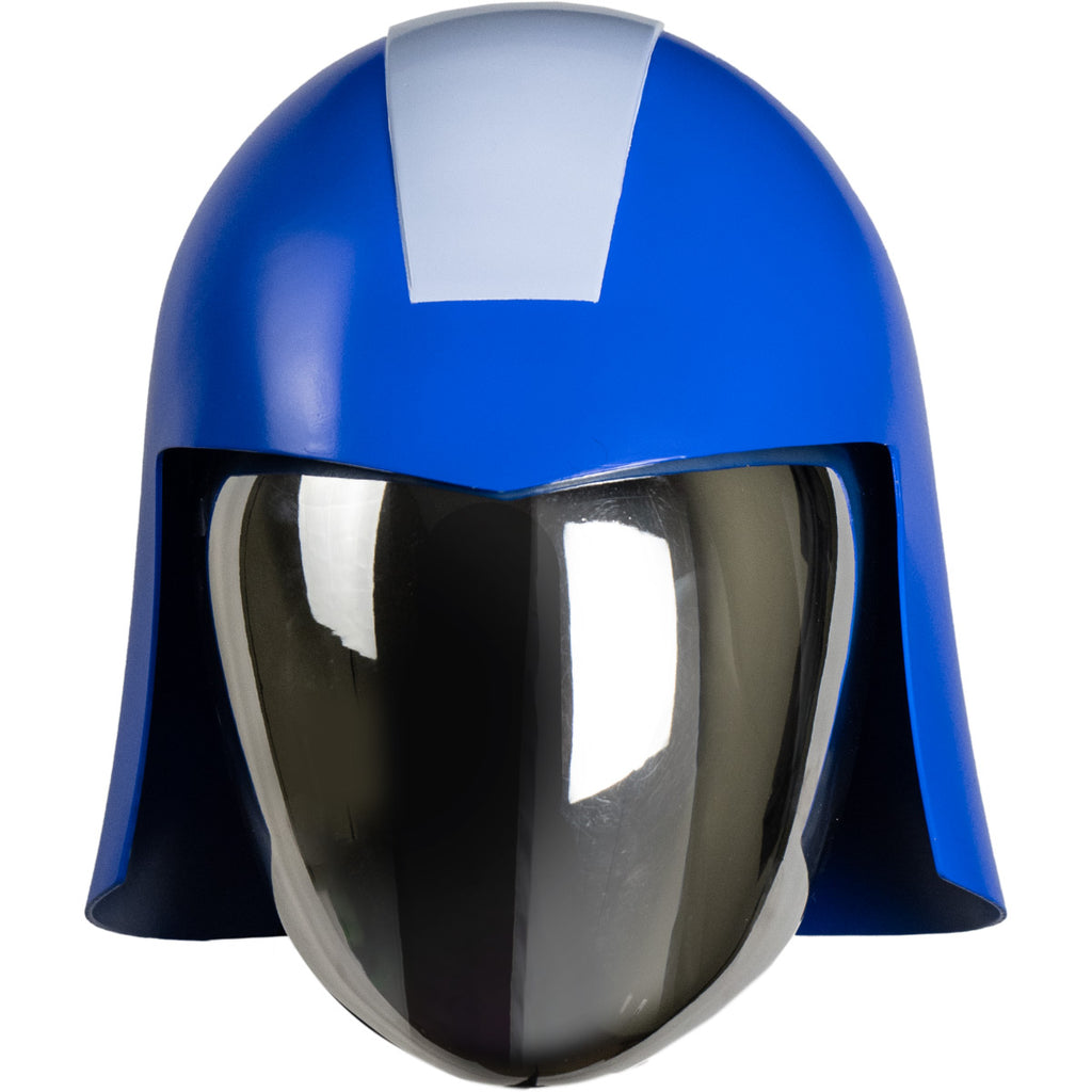 Front view. Cobra Commander Helmet.  Blue and gray helmet, with mirrored face shield. 
