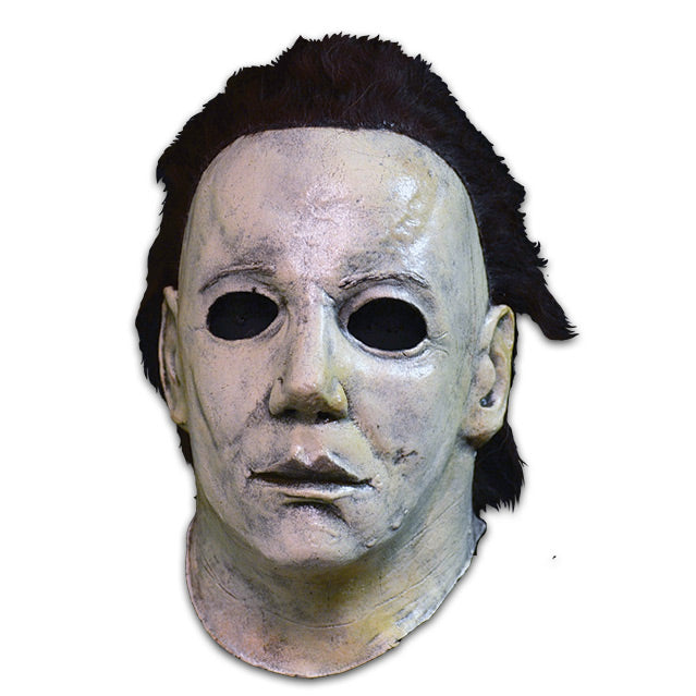 Head and neck Michael Myers mask. Dark brown hair, white and gray skin.