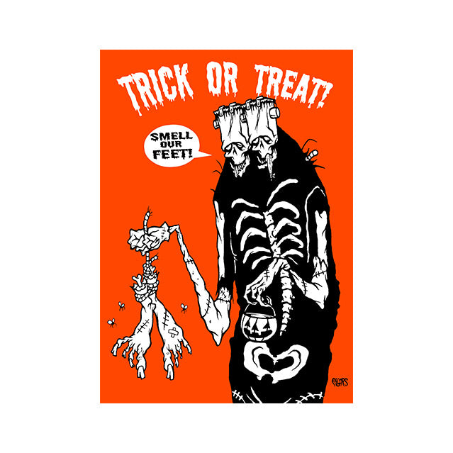  Wall decor, orange rectangle background, white text reads Trick or treat! Two Headed, Skeletal Frankenstein-like monster with word bubble saying Smell Our Feet, holding decaying feet hanging from rope, holding small jack o' lantern candy pail in other hand.
