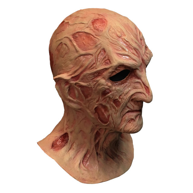 Right side view, Freddy Krueger mask, head and neck, burnt skin, wrinkled with sores and scars.