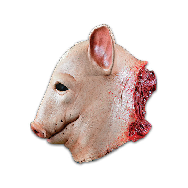 Mask Left side view.  Pink, pig head. Bloody, meaty, back of neck with bone protruding.