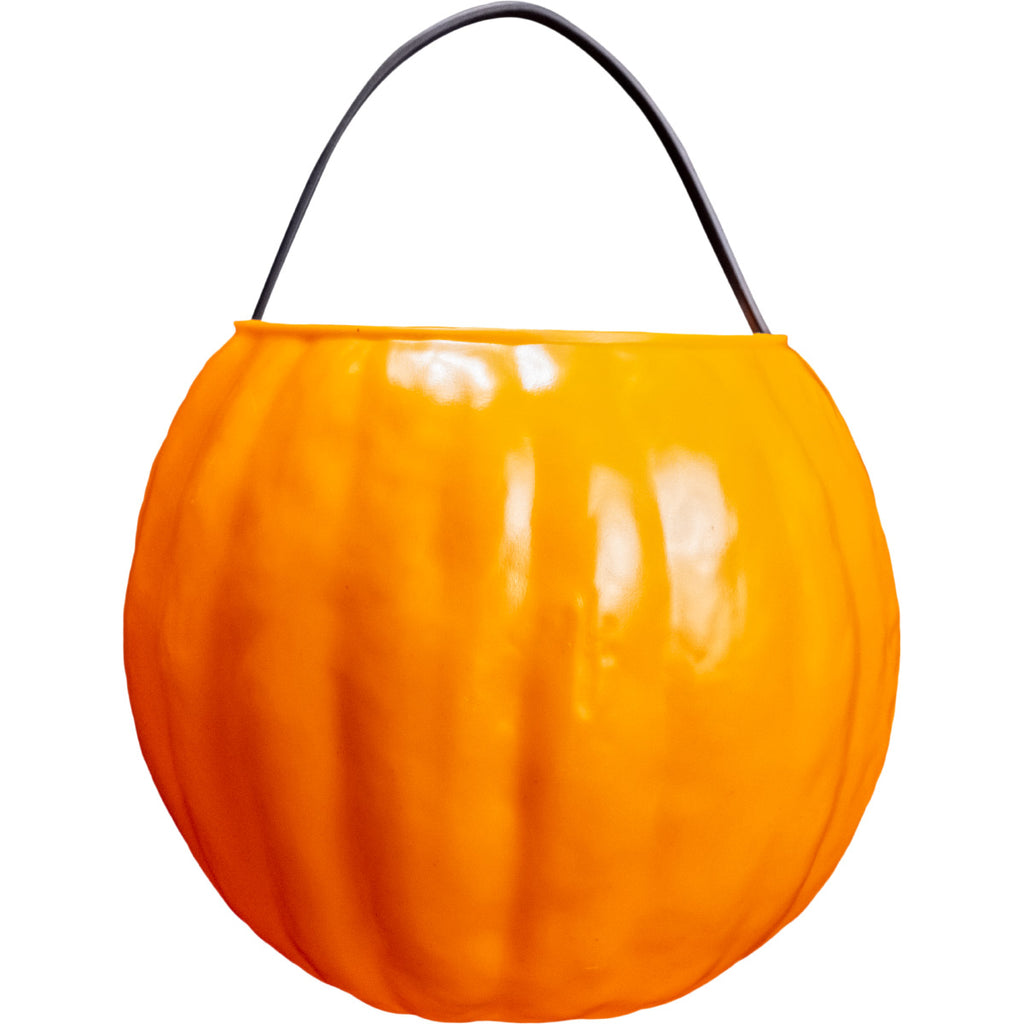 Pumkin Candy Pail rear view. Plastic, orange pumpkin with black handle.