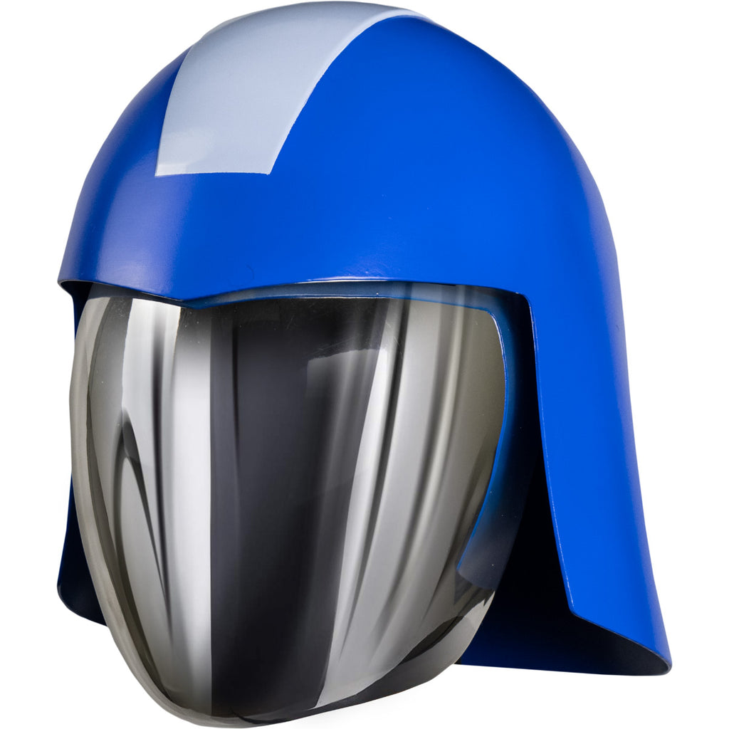 Left side view. Cobra Commander Helmet. Blue and gray helmet, with mirrored face shield.