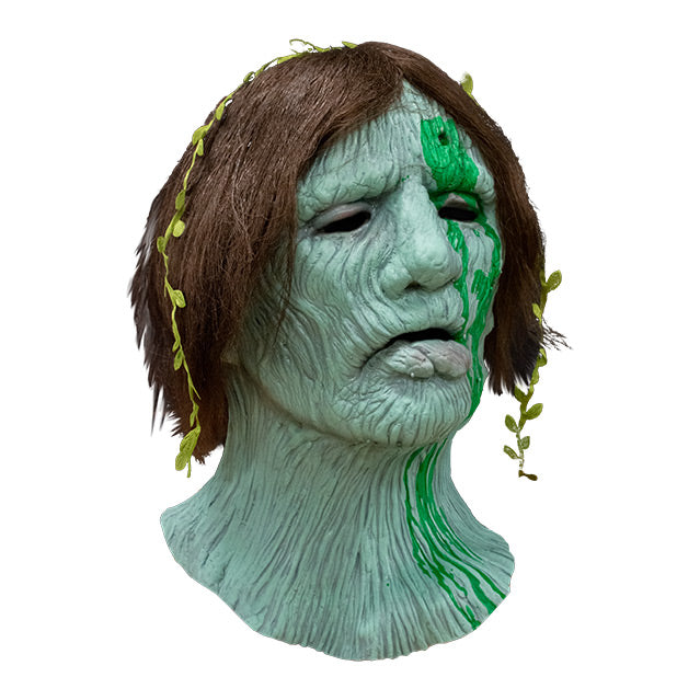 Right side view, Creepshow Harry Mask, Zagone Edition. Head and neck of man. Red brown straight hair, with seaweed in it, green wrinkled mossy skin, eyes appear closed. hole in forehead and left cheek oozing dried green fluid.