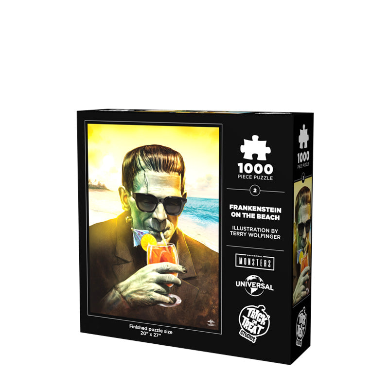 White background.  Product packaging, back of  box. Illustration, Frankenstein on beach wearing sunglasses, drinking a tropical cocktail. White text on black border reads, 1000 piece puzzle,  Frankenstein on the Beach, illustration by Terry Wolfinger, Universal Monsters. Universal Studios logo and White Trick or Treat studios logo bottom right. White text below illustration reads, finished puzzle size 20 inches by 27 inches.