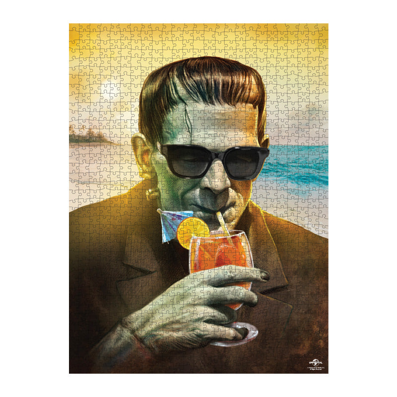 Assembled puzzle. Illustration, Frankenstein on beach wearing sunglasses, drinking tropical cocktail.